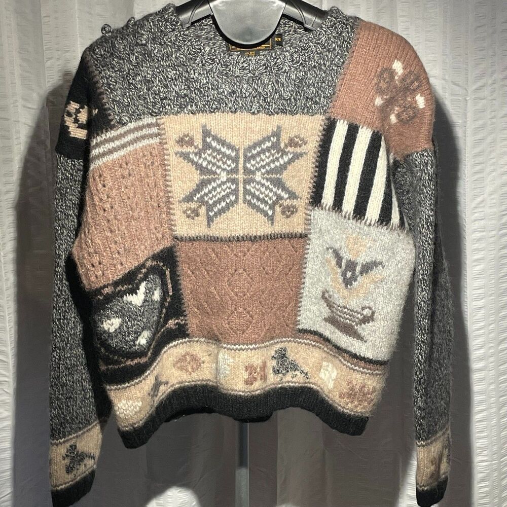 Vintage 90s Eddie Bauer Womens Medium  Wool Blend Patchwork Nordic Ski Sweater